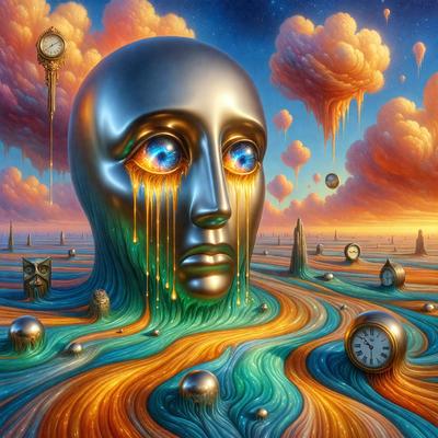 The primary subject of the image is a large, metallic head with blue eyes and a tear running down its face. The head is surrounded by a variety of clocks, both large and small, scattered throughout the scene. The setting appears to be a surreal landscape, with the clocks and the metallic head as the main focus. The visual style of the image is a combination of digital art and illustration, creating a unique and intriguing scene. The dominant colors in the image are blue and orange, with the
